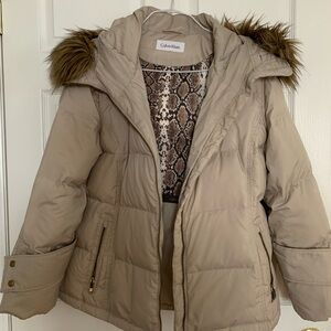 Calvin Klein Women's Beige Taupe Puffer Jacket with Faux Fur Trim
